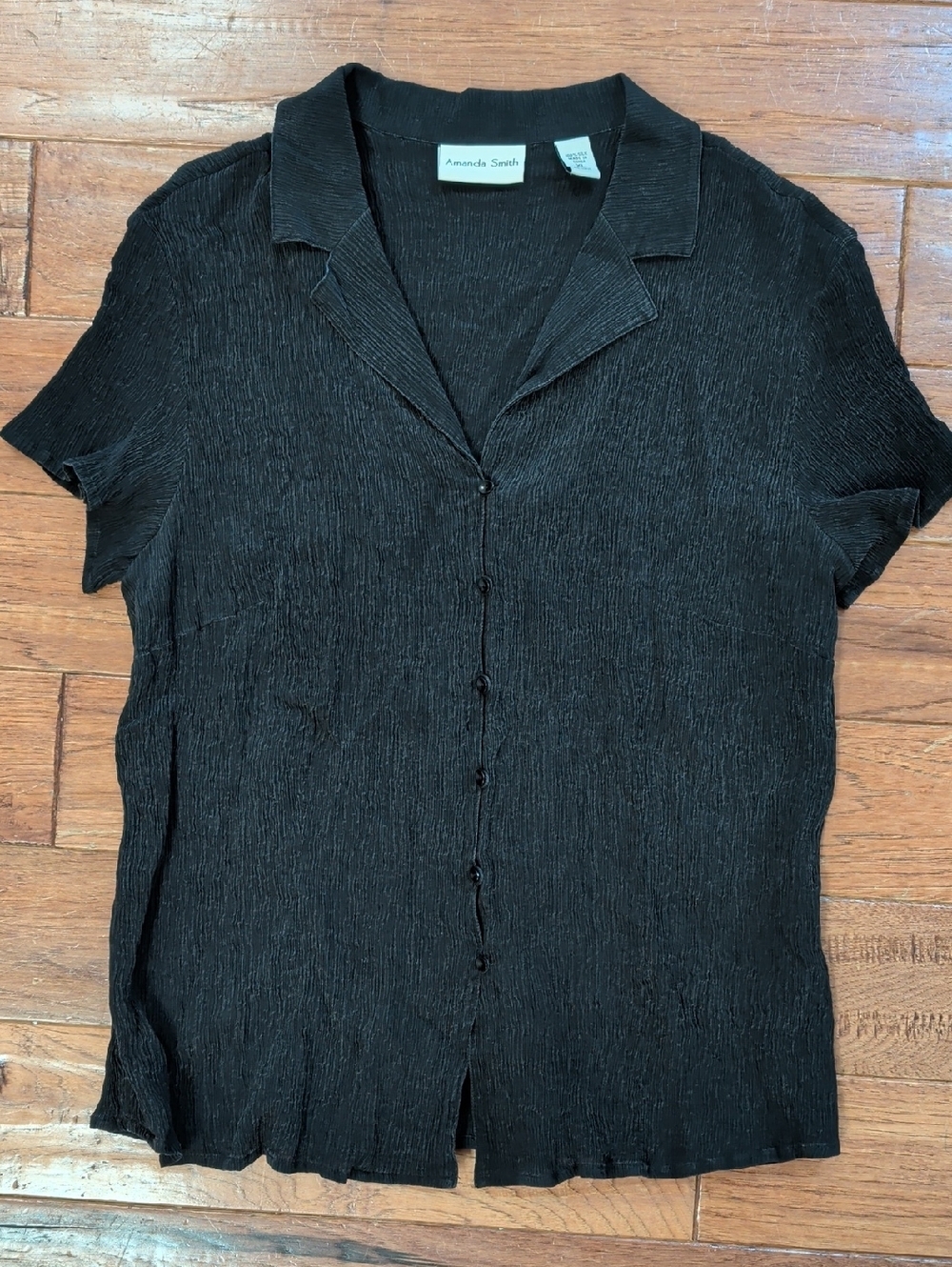 Amanda Smith Black Textured Silk Y2K Vintage Button-Up Top